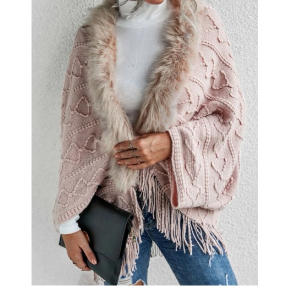 Boho vegan fur sweater cardigan open poncho - Picture 2 of 16